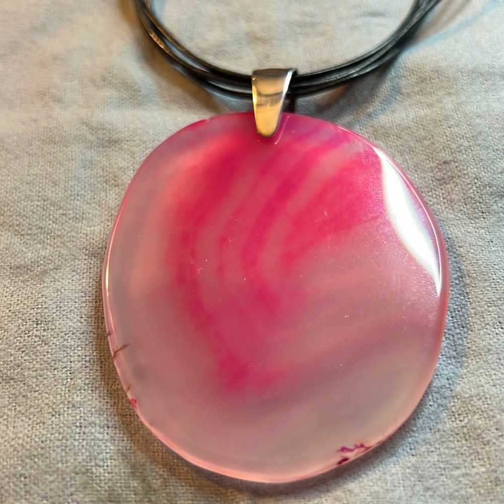 Barse Pink Agate Slab Pendant and leather strand cord necklace